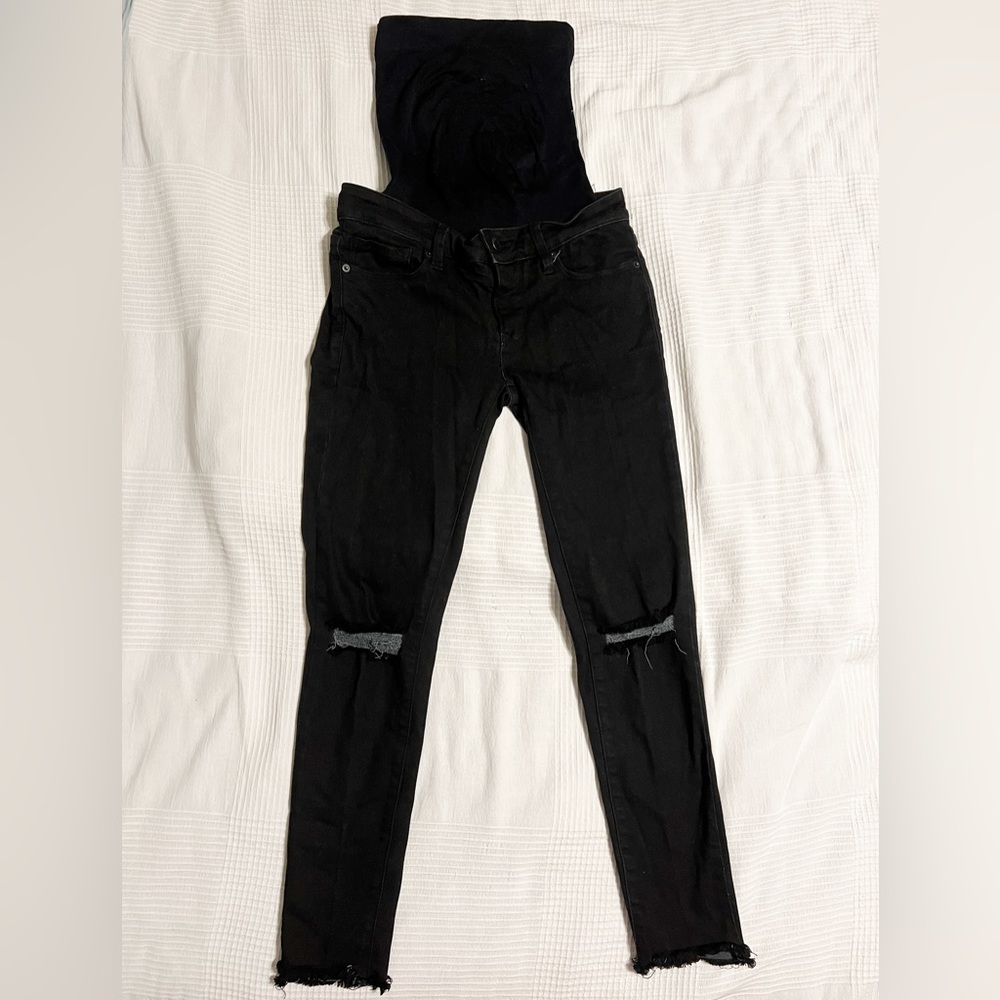 BLANQI® Denim Maternity Belly Support Skinny Jeans - Black Knee Slit Wash